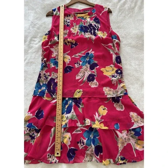 Ralph Lauren Womens 16 Pink Floral Dress Flowy Ruffle Hem Sleeveless Gerogette - Picture 6 of 14
